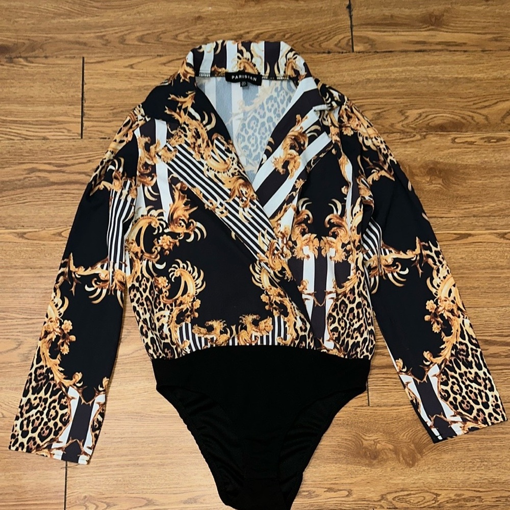 Parisian Print Wrap Shirt Bodysuit